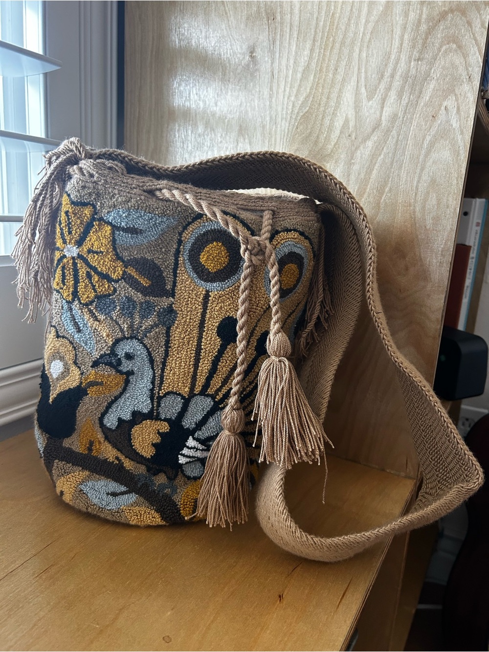 Handcrafted Beige and Mustard Floral Tapestry Bucket Bag